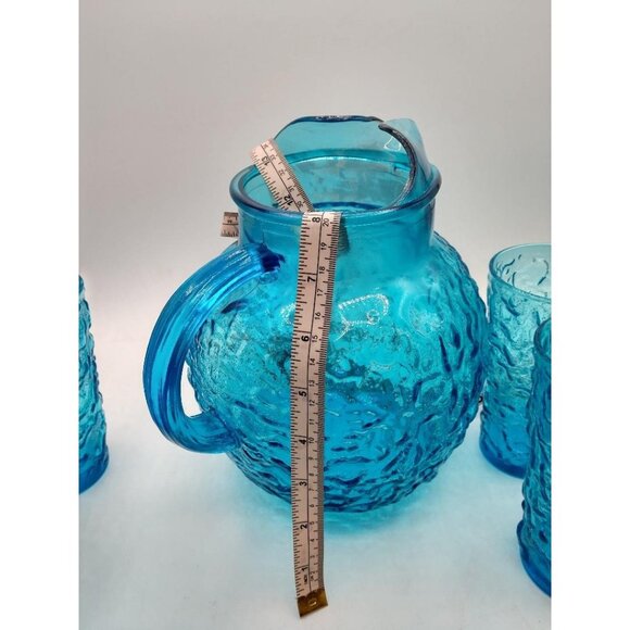 Vintage Anchor Hocking Textured Blue Glass Pitcher (8" Tall) & 5 Matching Glasse - Picture 4 of 5